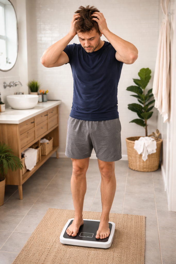 Man checking weight on scale showing why you’re not losing weight