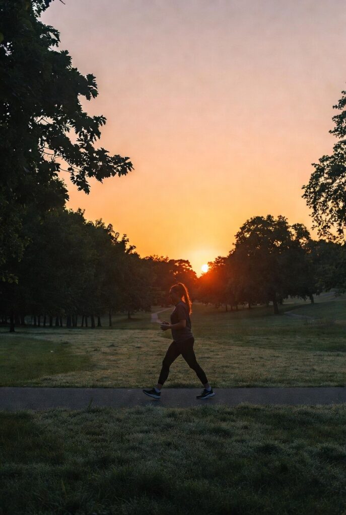 Person walking briskly in park for weight loss and fitness transformation