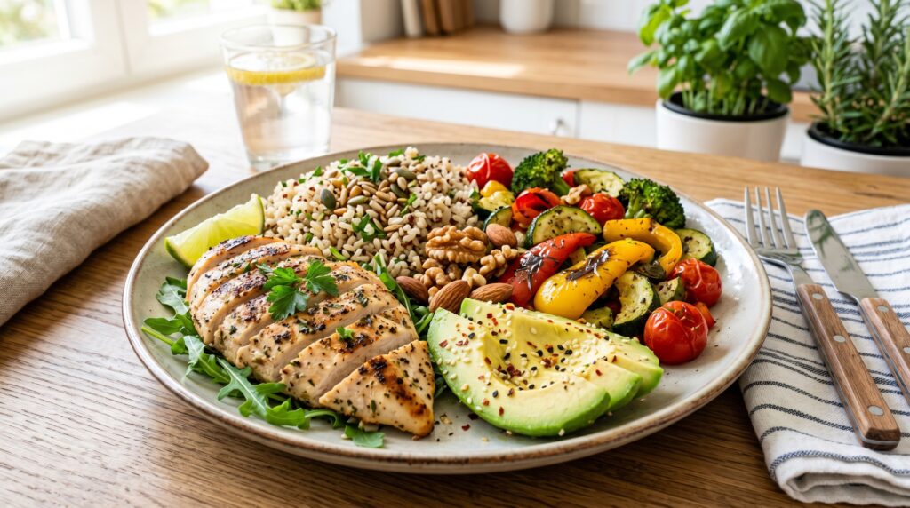 Healthy foods for intermittent fasting including protein vegetables and balanced meal for fat loss