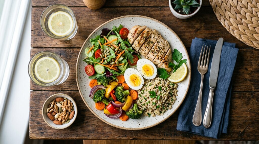 Healthy fat loss meal plate with chicken, vegetables, and balanced nutrition