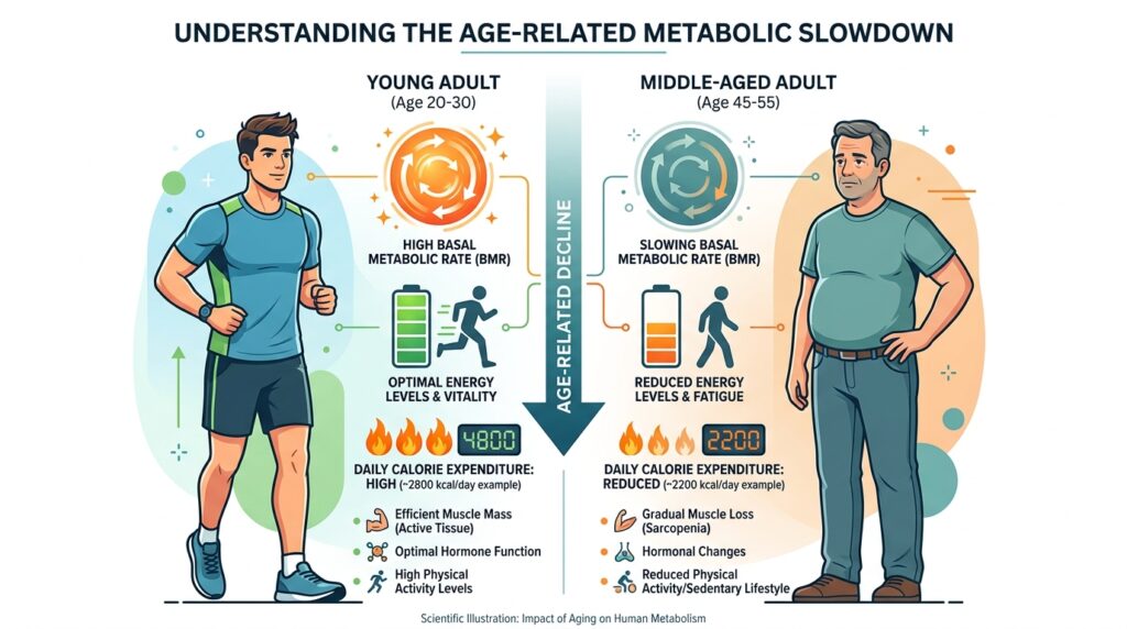 Metabolism slowdown illustration in men over 40 showing reduced calorie burn