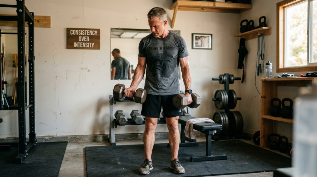 Man over 40 performing strength training with dumbbells at home gym