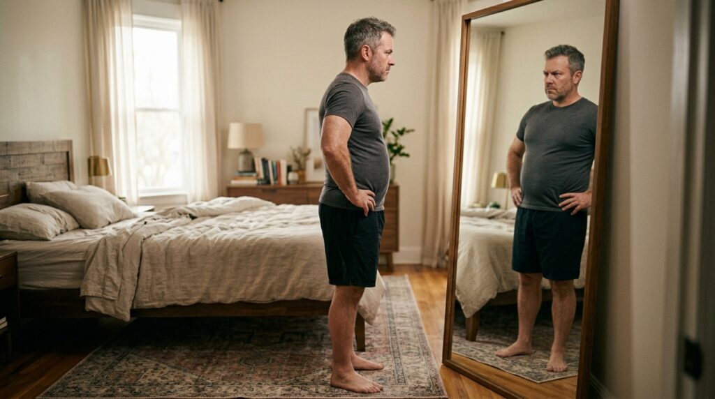 Man over 40 looking at mirror with motivation to start fat loss journey