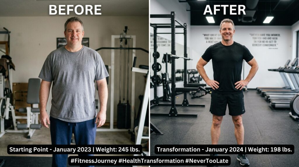 Before and after transformation of man over 40 showing successful fat loss journey