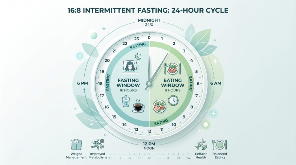 Intermittent fasting concept diagram showing fasting and eating windows in a 24 hour cycle
